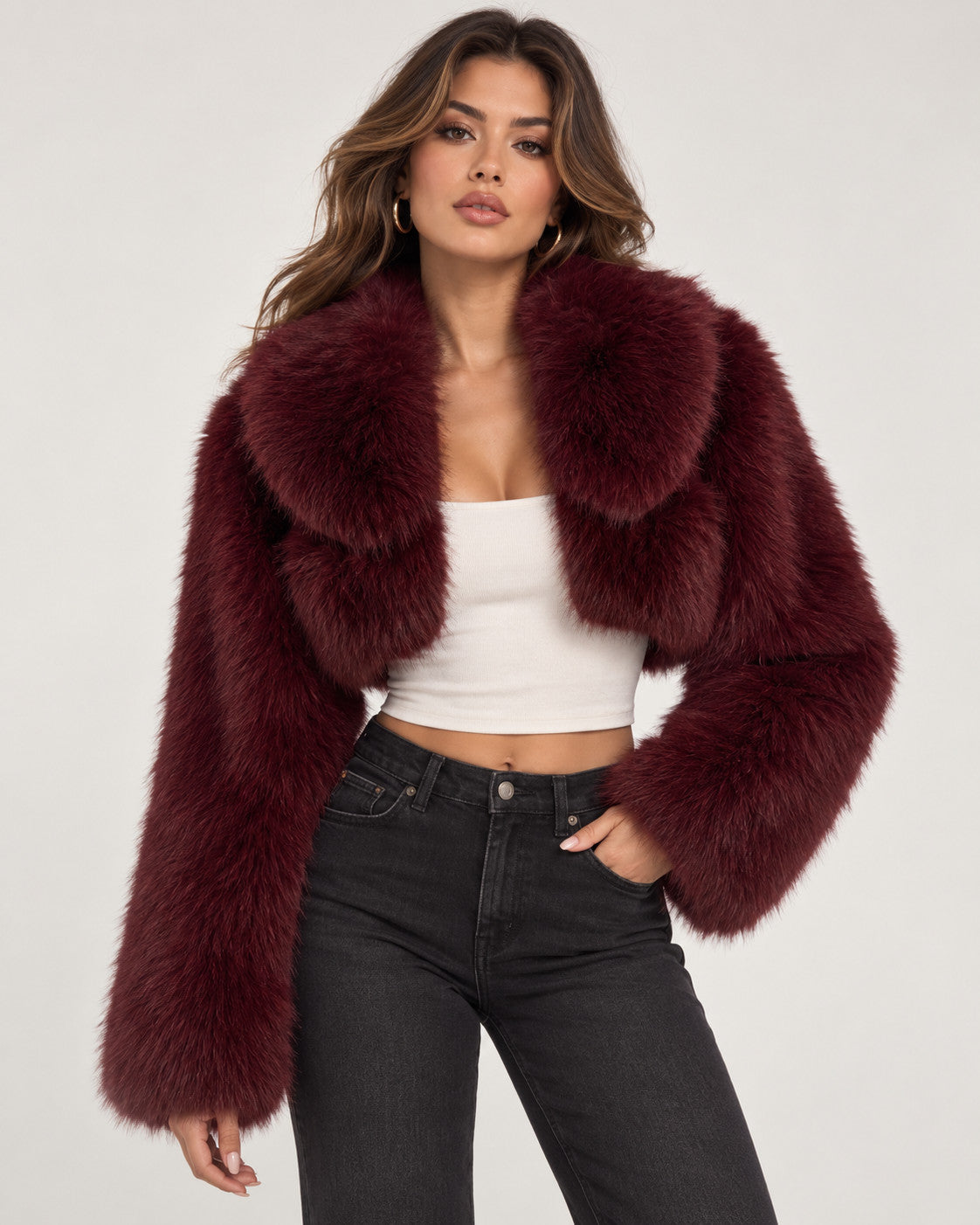 AKIRA burgundy faux fur crop jacket