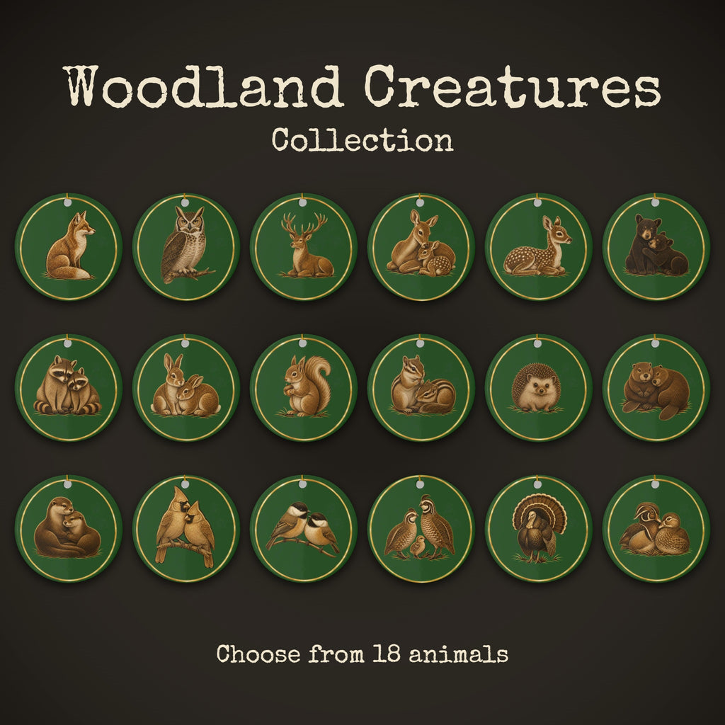 Woodland Creatures Collection, all 18 green and gold ceramic Christmas ornaments