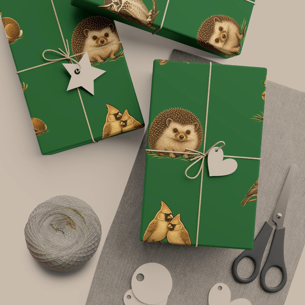 Gifts wrapped in green and gold Woodland Creatures wrapping paper with twine and tags